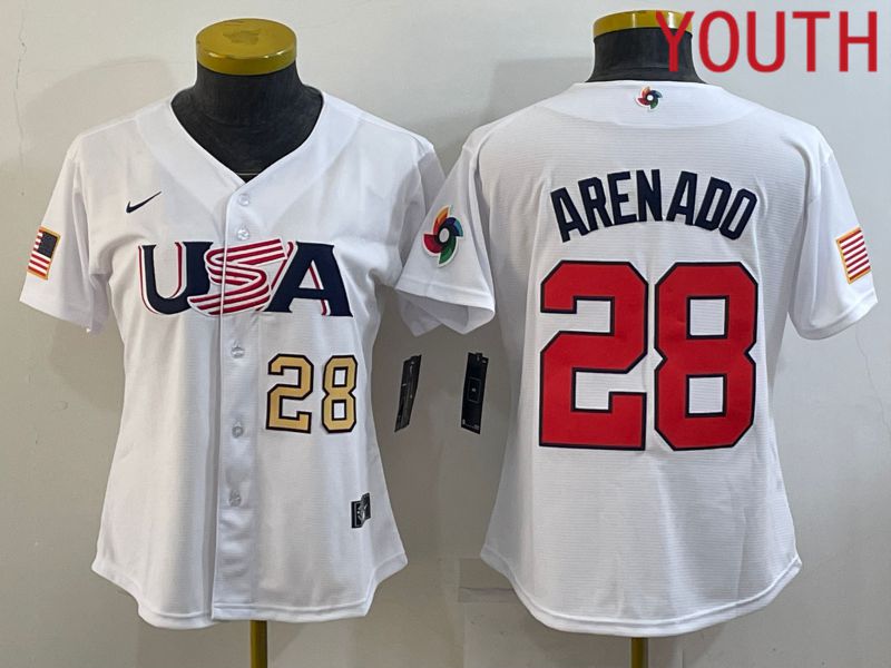 Youth 2023 World Cub USA 28 Arenado White MLB Jersey1